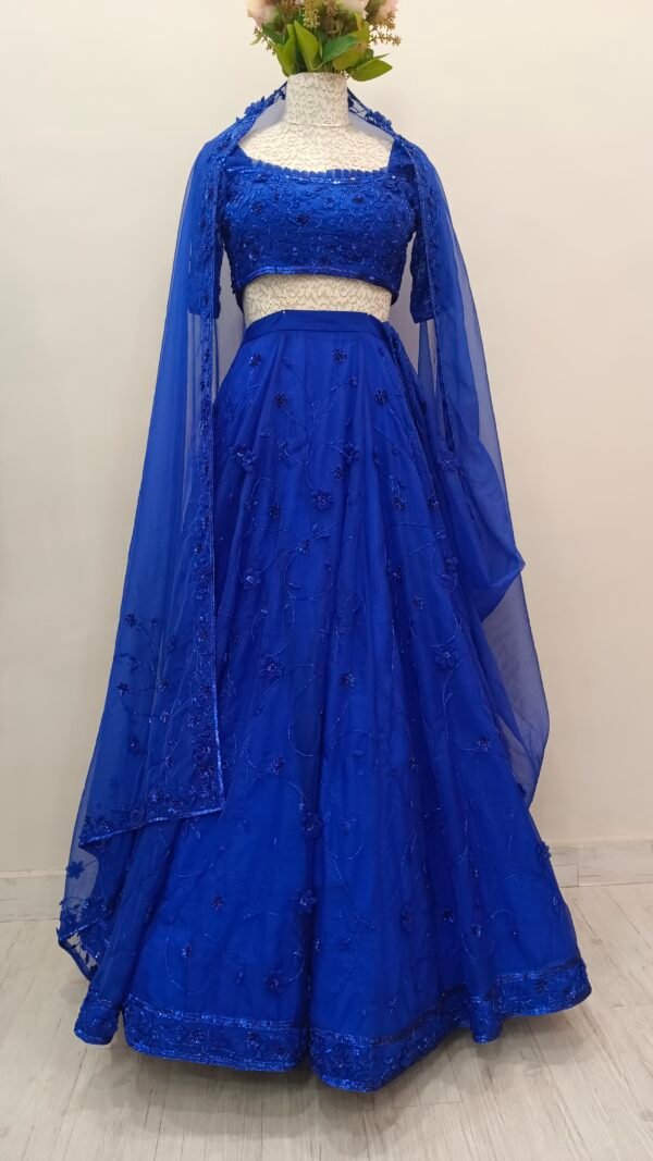 Lehanga With 3D Applique Flowers With Bead & Sequin Embroidery in Organza Royal Blue - Image 2