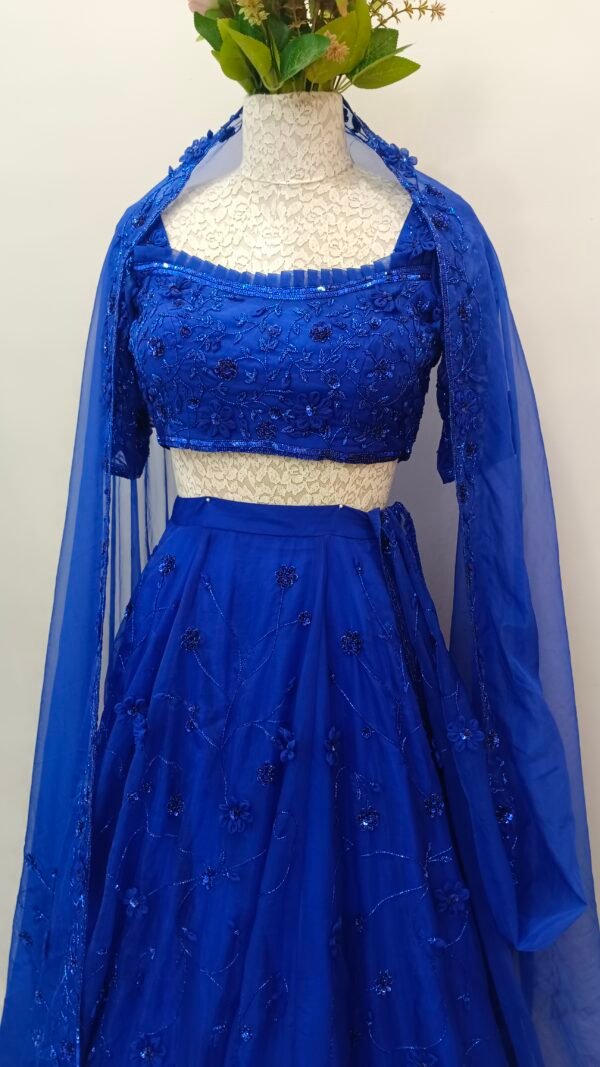 Lehanga With 3D Applique Flowers With Bead & Sequin Embroidery in Organza Royal Blue - Image 4