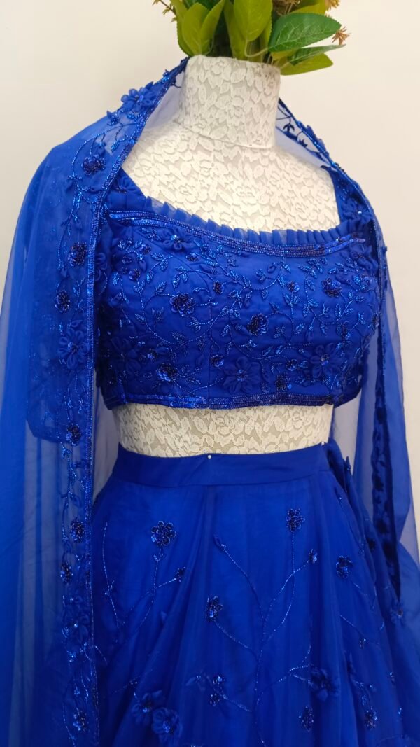 Lehanga With 3D Applique Flowers With Bead & Sequin Embroidery in Organza Royal Blue - Image 3