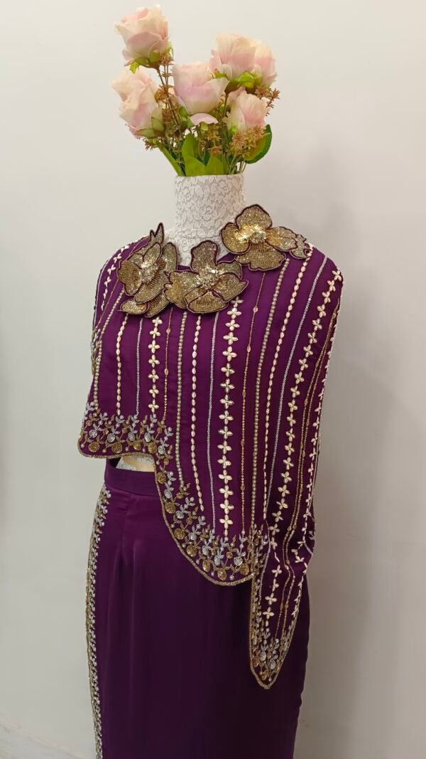 Indo-Western Dress With Corset Blouse Paired With Cape and Slit Skirt With  Modern & Bling HandWork in Satin Organza Violet - Image 2