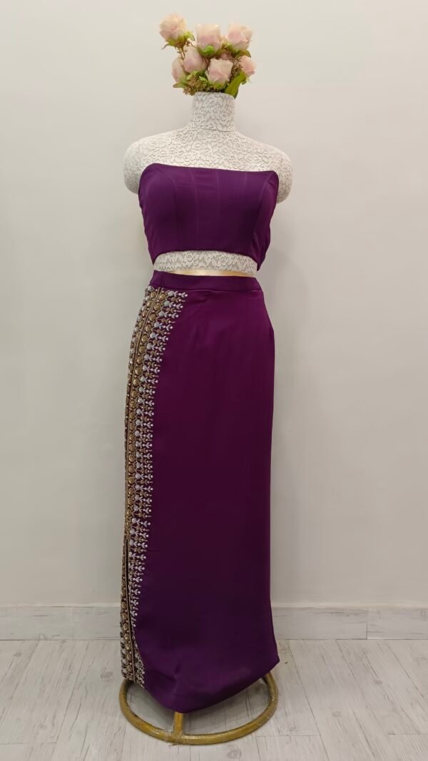 Indo-Western Dress With Corset Blouse Paired With Cape and Slit Skirt With  Modern & Bling HandWork in Satin Organza Violet - Image 4