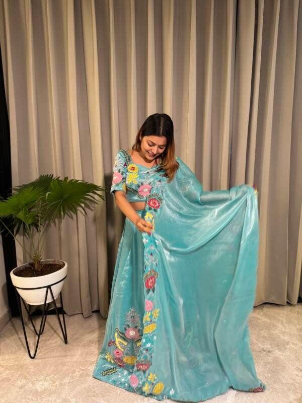 Bling Lehanga With Floral Motifs and Vibrant Patchwork in Tissue Organza Teal Blue - Image 3