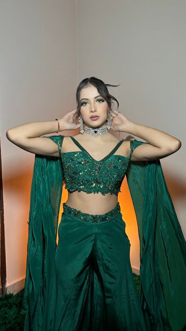 Indo-Western Co-ord Set With Modern Bead & Sequin HandWork in Crepe Bottle Green - Image 5