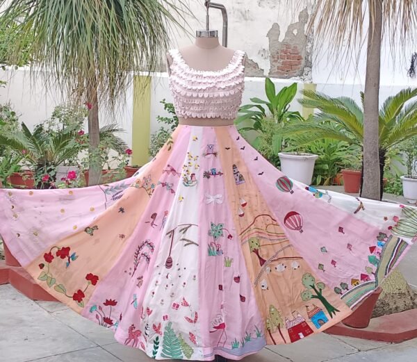 Lehanga With Quirky & Vibrant Resham Work in Organza Pastel Pink Peach - Image 4